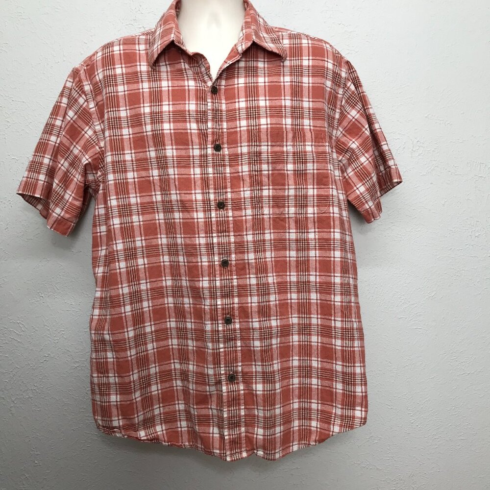 Orvis Button Shirt Mens XL Plaid Orange Cotton Linen Blend Short Sleeve